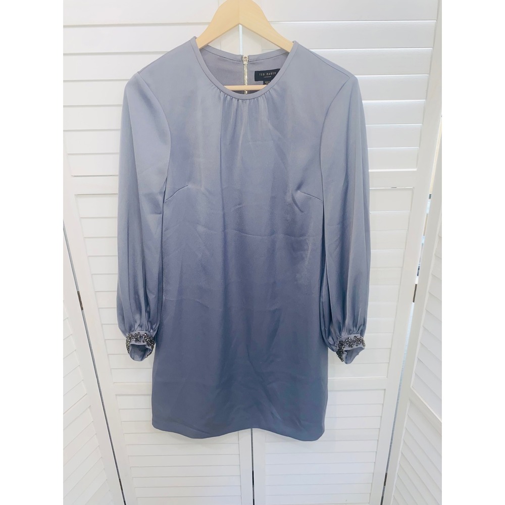 Ted Baker Shift Dress Womens Blue Embellished Cuff Satin Mini Size 1 US 4